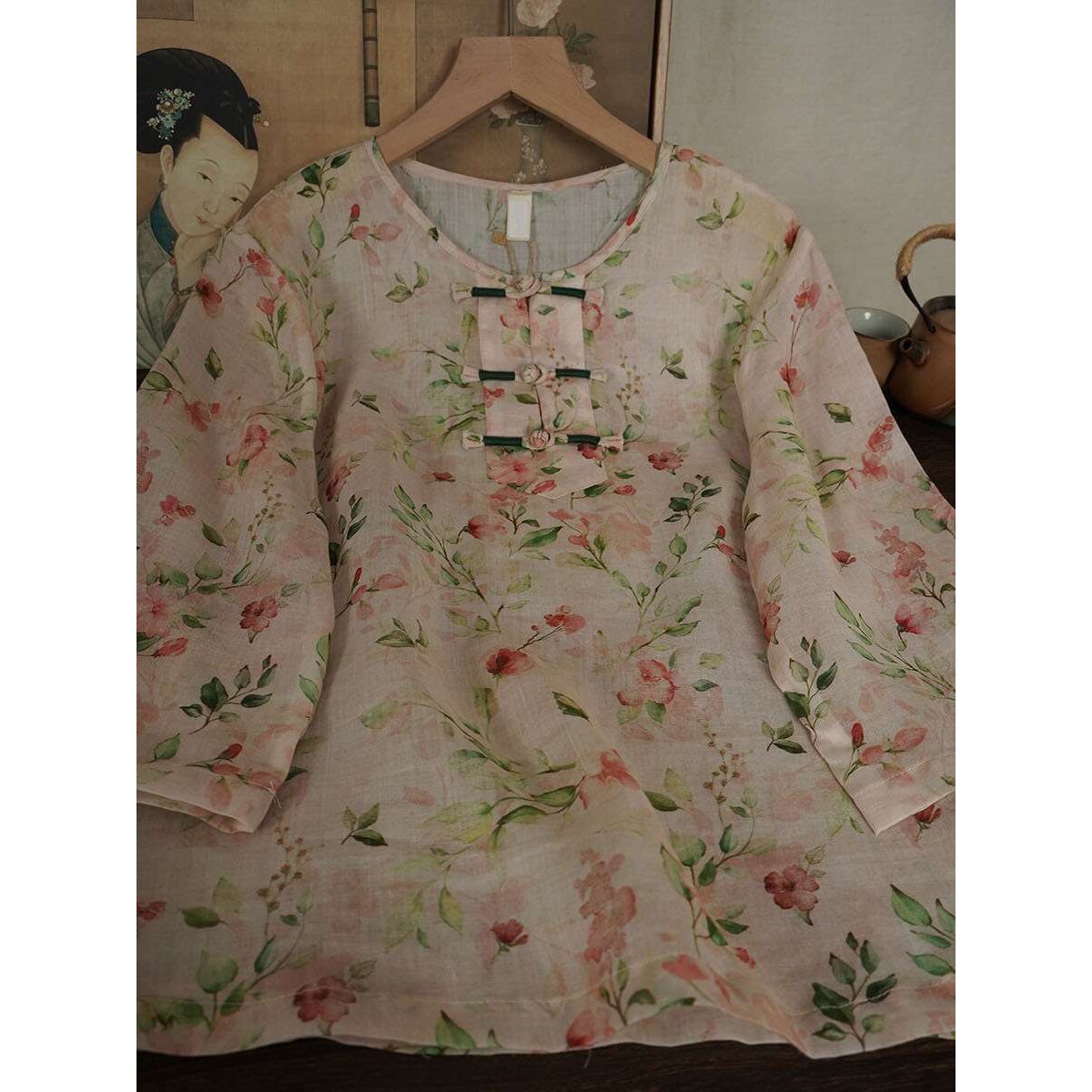 夏季新款   苎麻印花圆领手工绕线盘扣宽松百搭仙气茶服384008