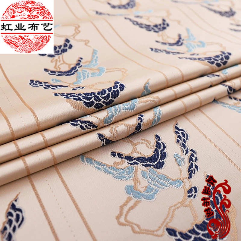 新中式抱枕布料高精密提花绣花布迎客松沙发坐垫布U窗帘装饰花边