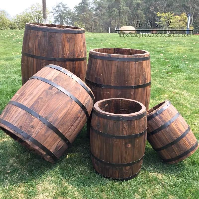 啤酒桶圆形木桶花盆炭化色覆古彷古花桶I家居摆设实物阳台摆件养