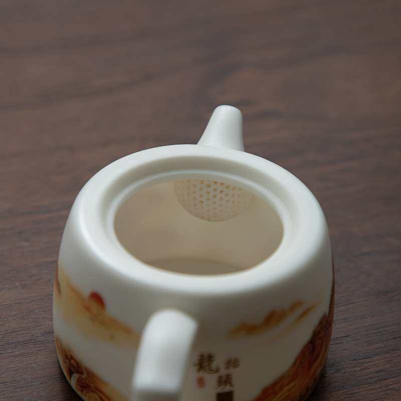 德化陶瓷【茶壶】红色长城200ml/羊脂玉瓷/堆金哑光/井栏壶/高档