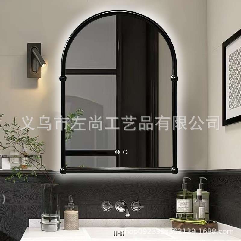 法式复古化妆镜带灯黑色梳妆台壁挂中古风卫生间智能浴室镜子挂墙