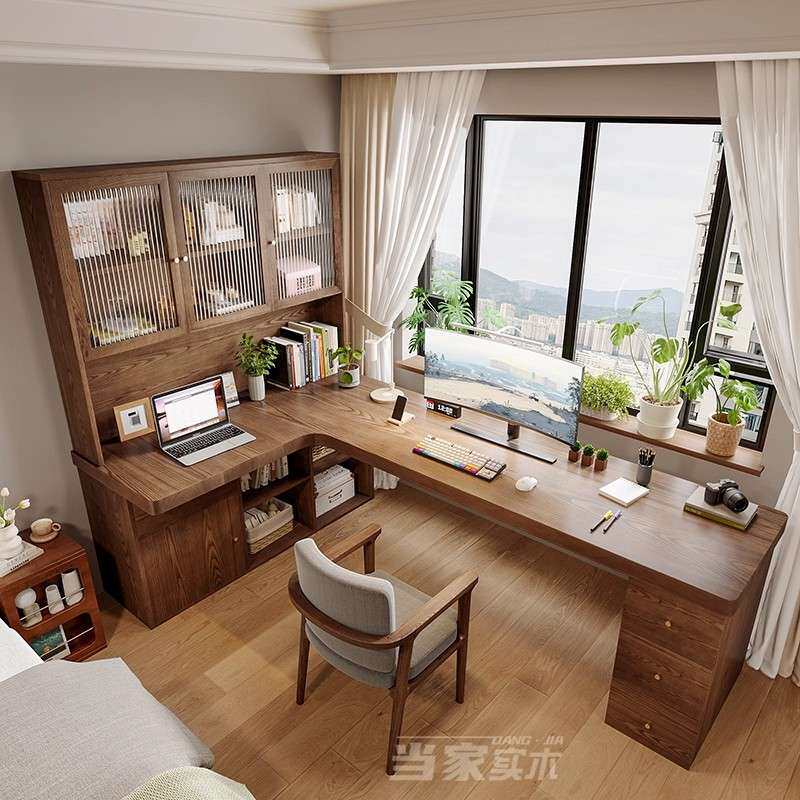 实木转角书桌书柜一体电脑桌带抽屉学习桌书房写字桌成人卧室床边
