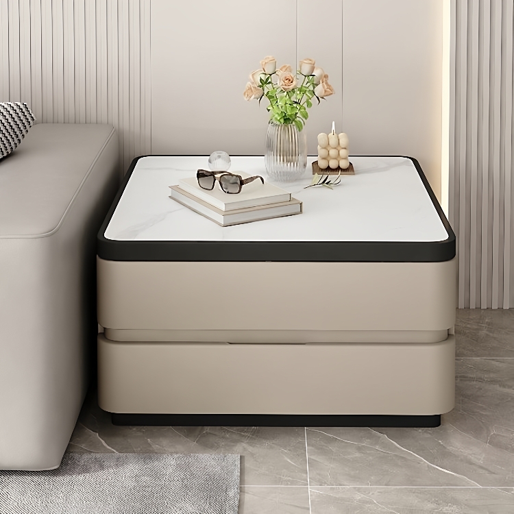 客厅沙发边柜轻奢新款移动高级侧边实木岩板皮质夹缝简约现代茶几