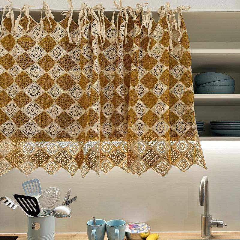 穿梭芥末黄绣花手工钩针帘头半帘门帘免打孔系带式柜子遮挡帘装饰