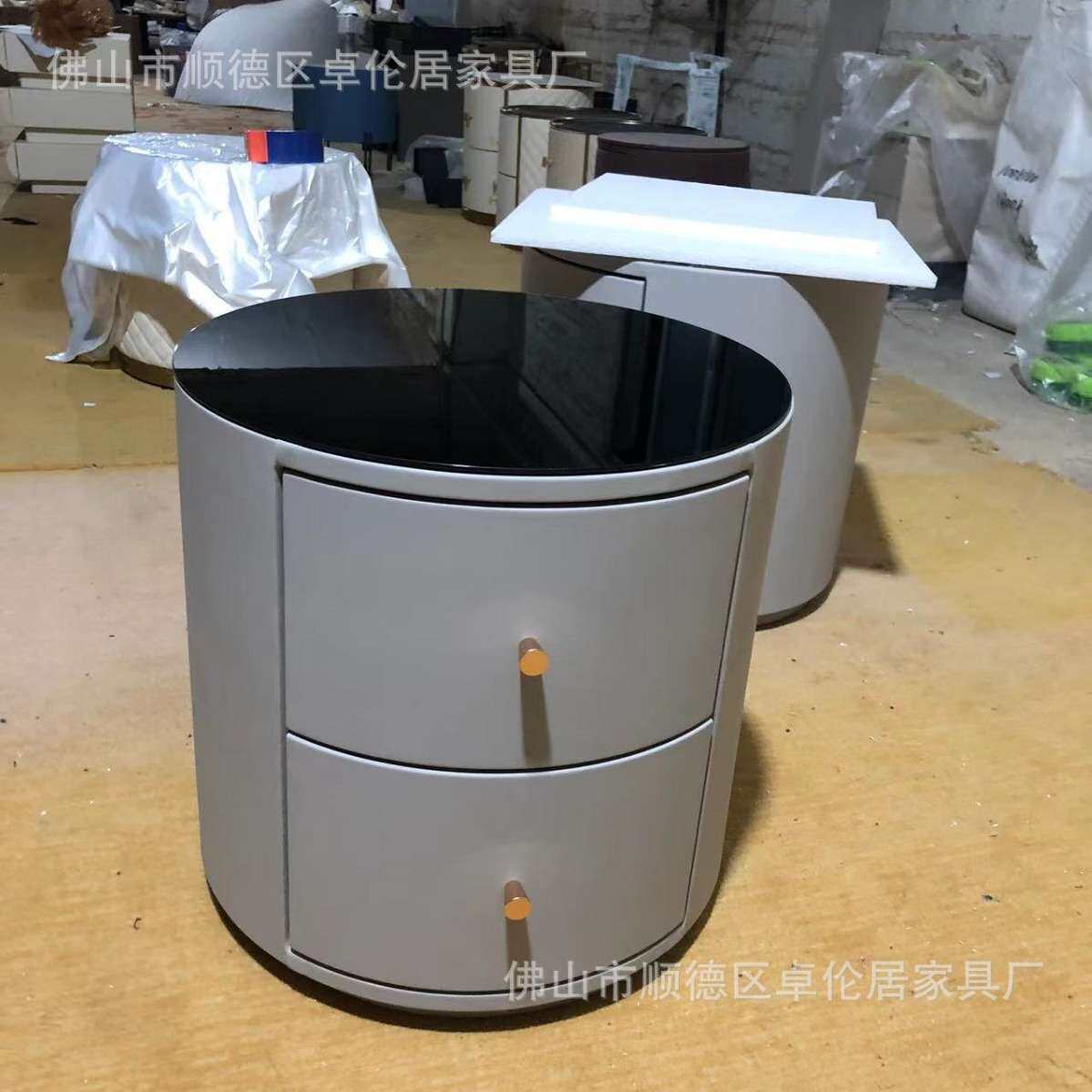 圆形岩板床头柜 简约高端皮质实木床边柜卧室小型迷你储物收纳柜