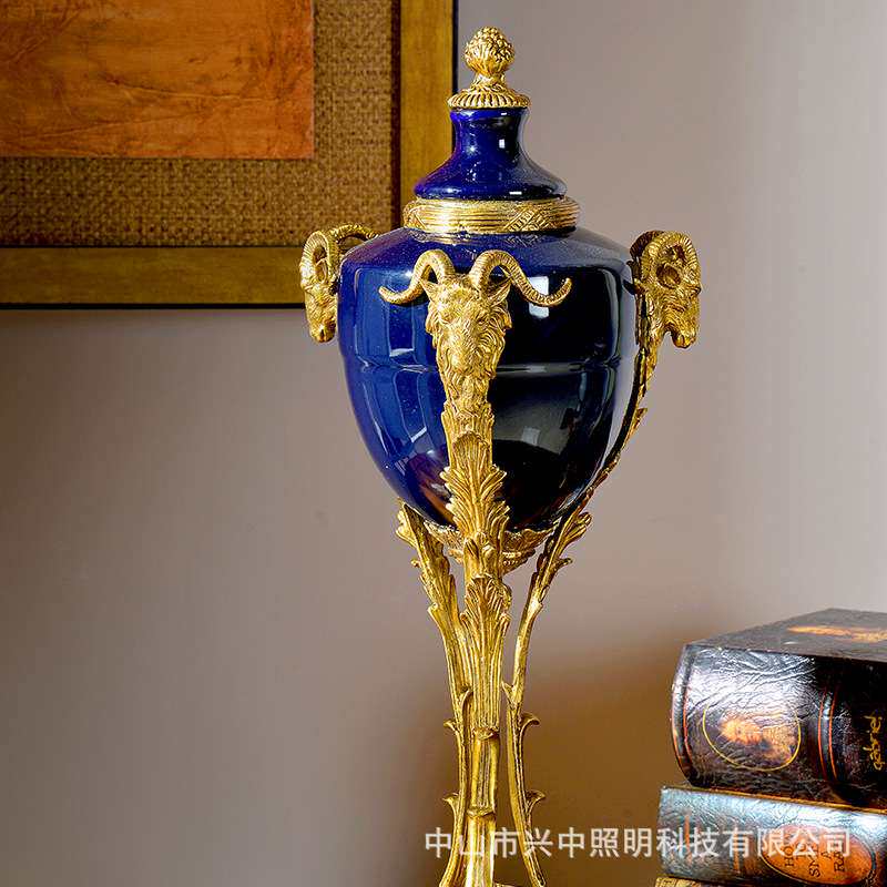 美式风格装饰盖坛工艺品 欧式简约现代陶瓷羊头摆设 铜制品摆件