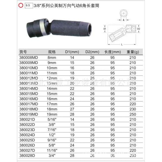 GENIUS天赋工具3/8″系列公制6六角万向气动长套筒
