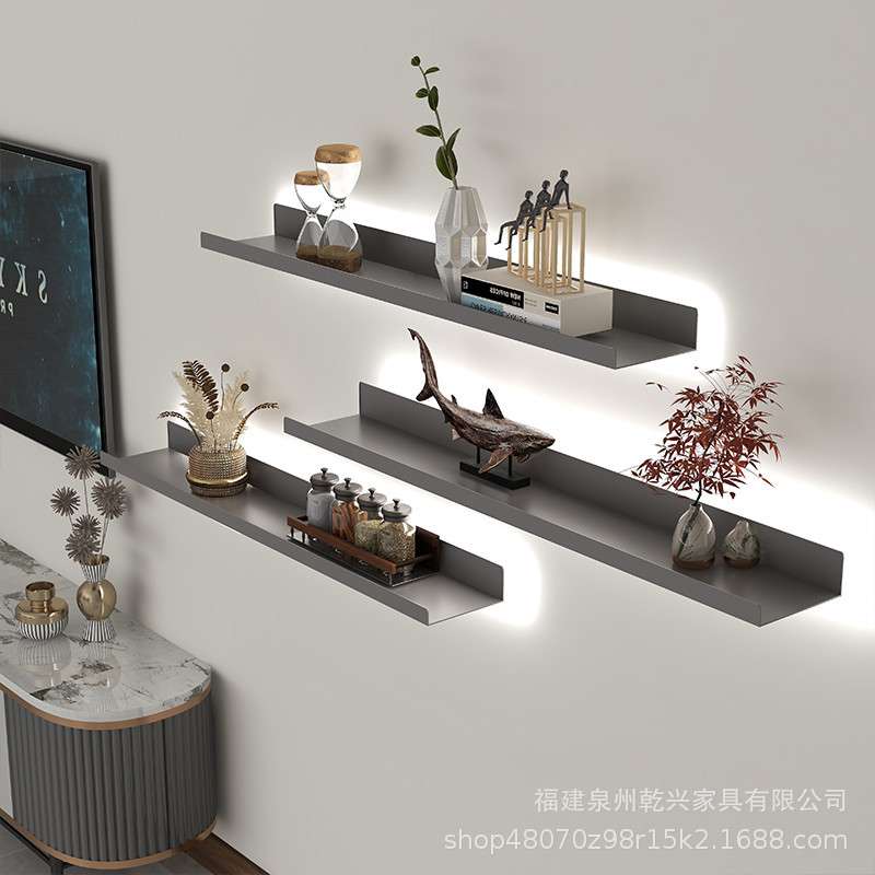 铁艺带灯金属隔板展示架简约壁挂书架产品发光一字层板墙上置物架