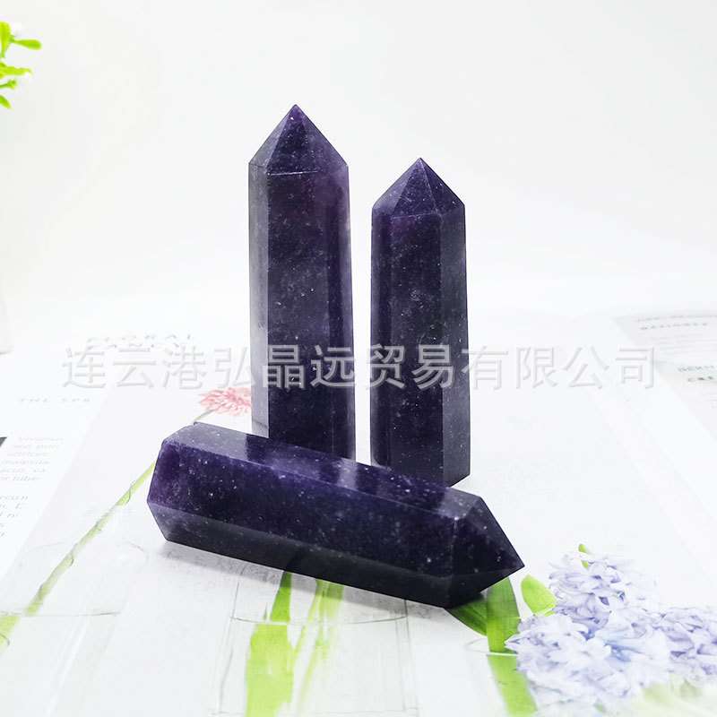 弘晶远水晶天然紫云母六棱柱云母石水晶柱单尖柱原石打磨厂家