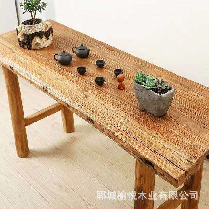 新中式老榆木餐桌风化木板茶桌旧木桌老榆木门板桌功夫禅意泡茶桌