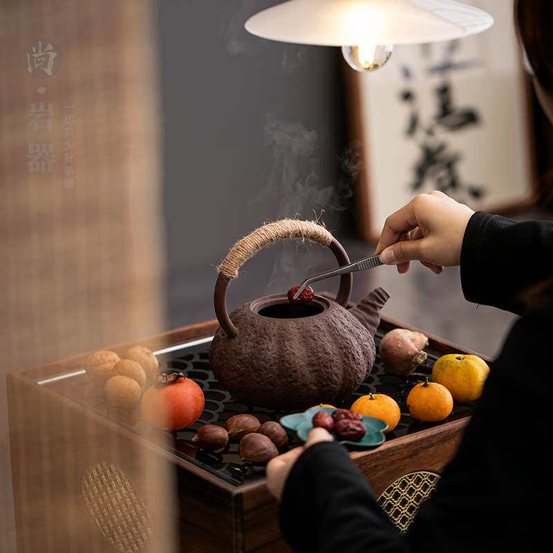 复古粗陶茶壶创意南瓜提梁壶大号煮茶壶家用户外炭火围炉煮茶器