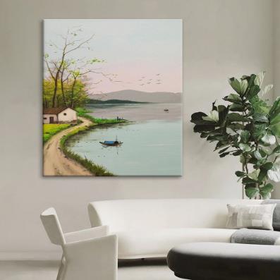 新中式田园风景纯手绘油画湖边山水装饰画客厅玄关挂画丙烯肌理画