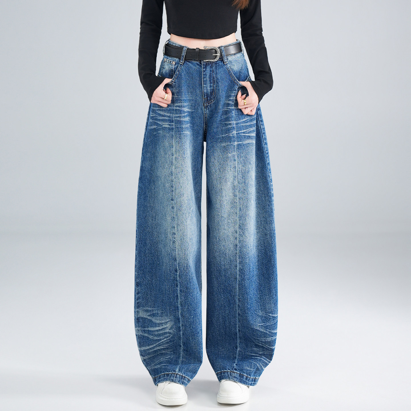 蓝色高个子弯刀牛仔裤女2026年春季新款高腰显瘦宽松阔腿直筒长裤,女装/女士精品,牛仔裤,淘宝优惠券,粉丝福利购,淘宝优惠卷