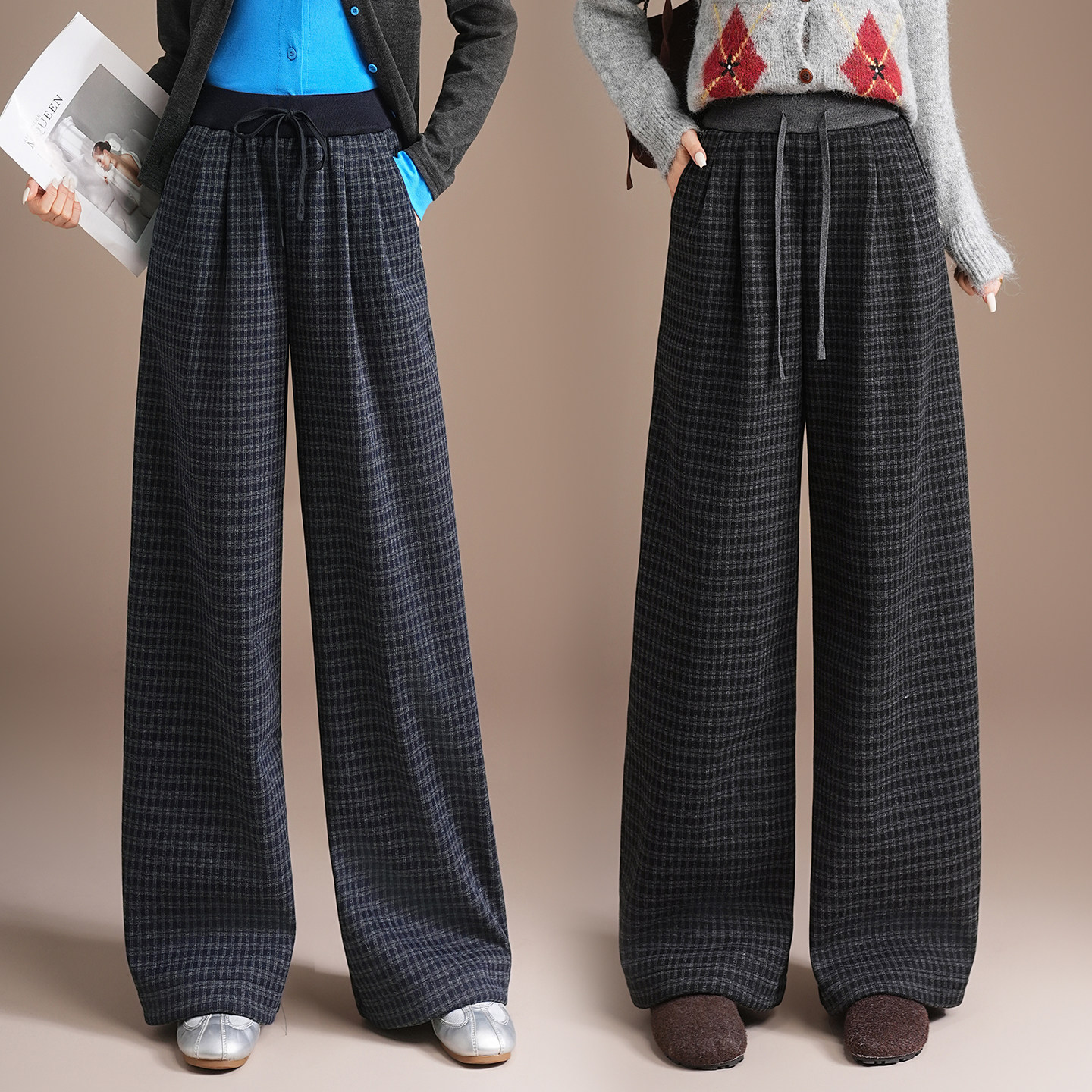 格子加绒休闲裤女2025年秋冬新款抽绳松紧腰显瘦百搭阔腿裤直筒裤,女装/女士精品,休闲裤,淘宝优惠券,粉丝福利购,淘宝优惠卷
