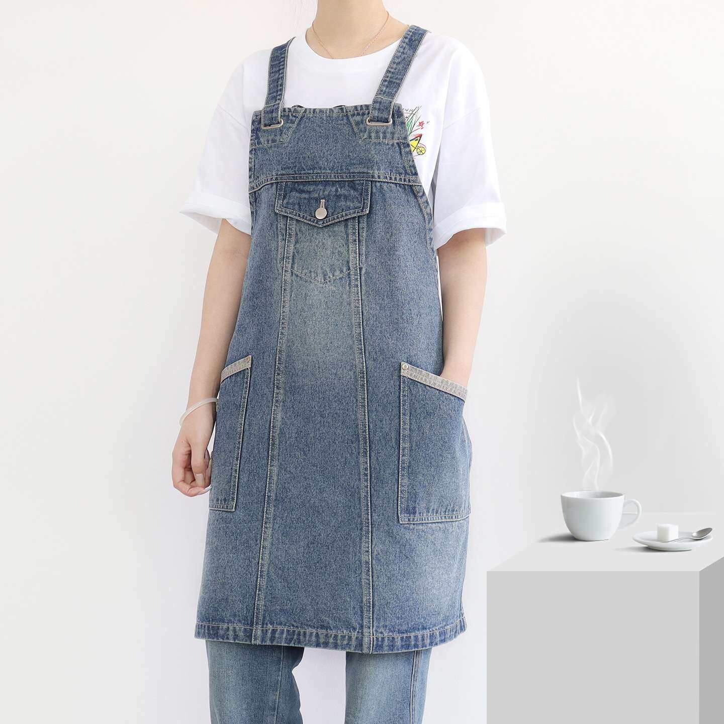 亚马逊韩版围裙新款水洗牛仔围腰咖啡奶茶花店时尚情侣工作服耐脏
