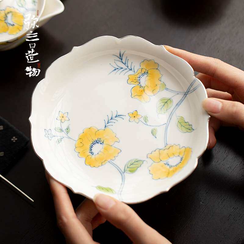 弥言纯手绘牵牛花壶承手工白瓷花口干泡盘描金高档茶道配件茶点盘
