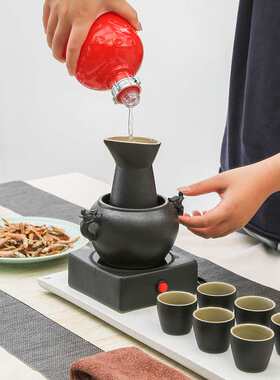 黑陶双龙烛台温酒器烫酒壶 家用陶瓷电加热黄酒酒盅分酒 酒具套装
