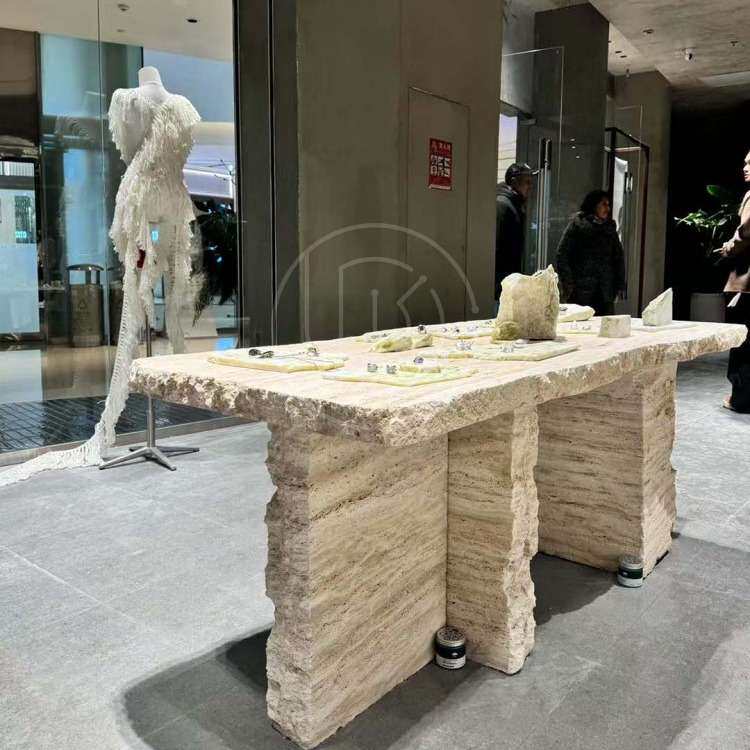 意式极简服装店天然洞石岛台餐桌设计师创意个性大理石茶台咖啡桌