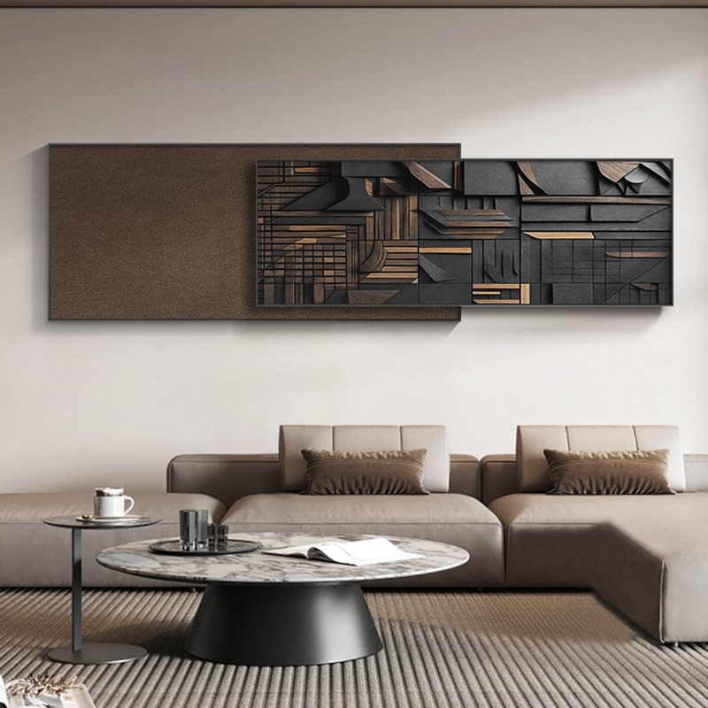 侘寂风客厅装饰画立体几何沙发背景墙挂画高级感肌理叠加壁画新款图片