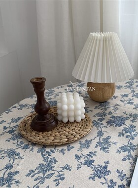 TAN!韩国复古蓝色印花碎花桌布INS风棉麻野餐布摄影道具背景布