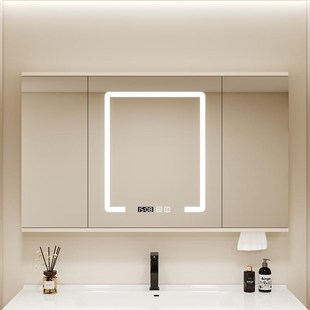 卫生间中古风黑胡桃色奶油色推拉折叠隐藏单独挂墙式智能风水镜柜