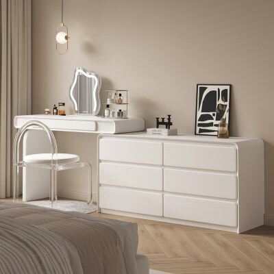 化妆桌法式收纳白色梳妆台现代简约一体可伸缩风实木卧室斗柜奶油