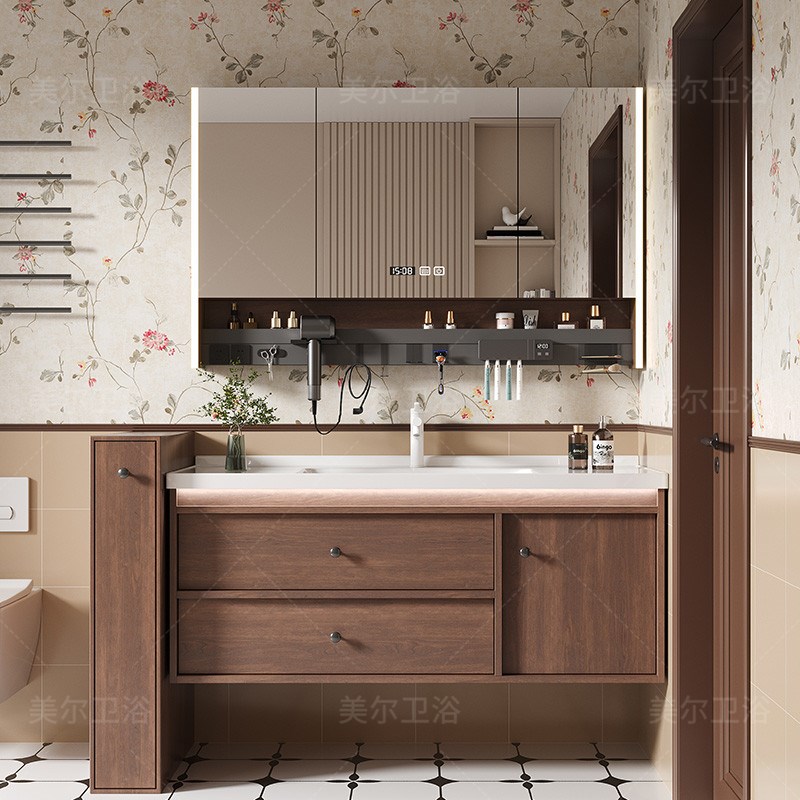 2025新款中古风浴室柜组合卫生间C胡桃木色陶瓷一体洗脸洗手漱台