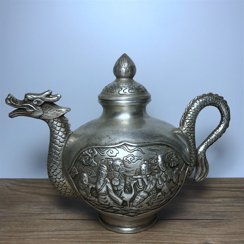 仿古铜器b黄铜镀银 铜壶水壶茶壶 龙嘴铜壶酒壶装饰礼品古玩收藏