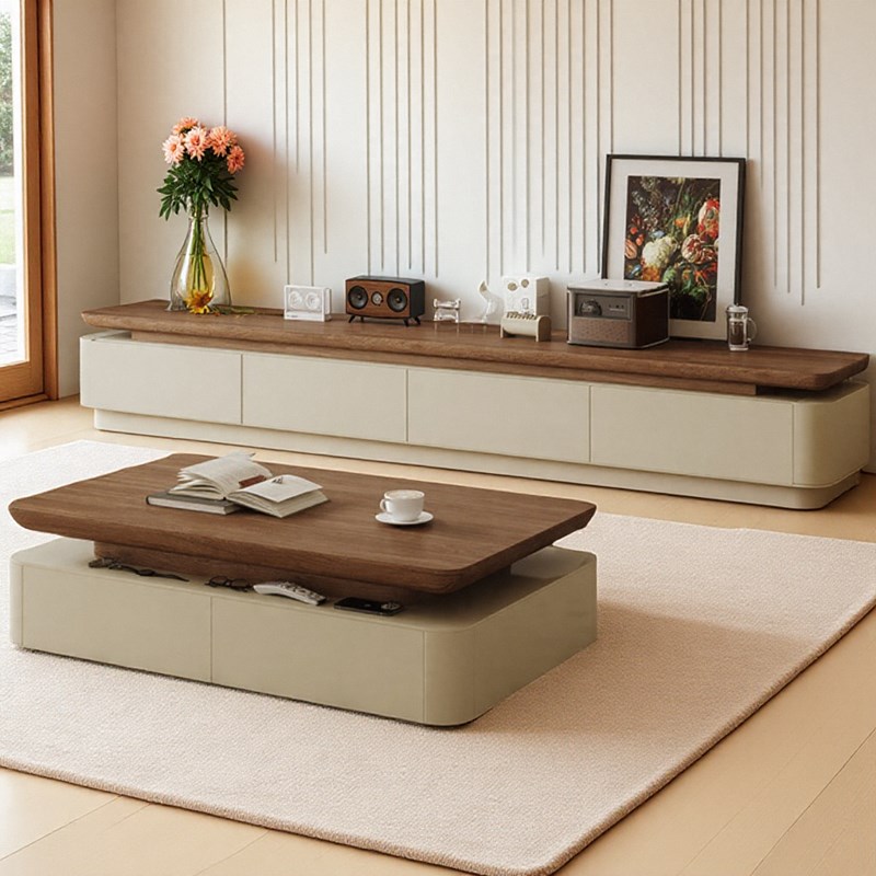 新中式中a古风胡桃色木纹面茶几简约现代小户型客厅电视柜茶几组