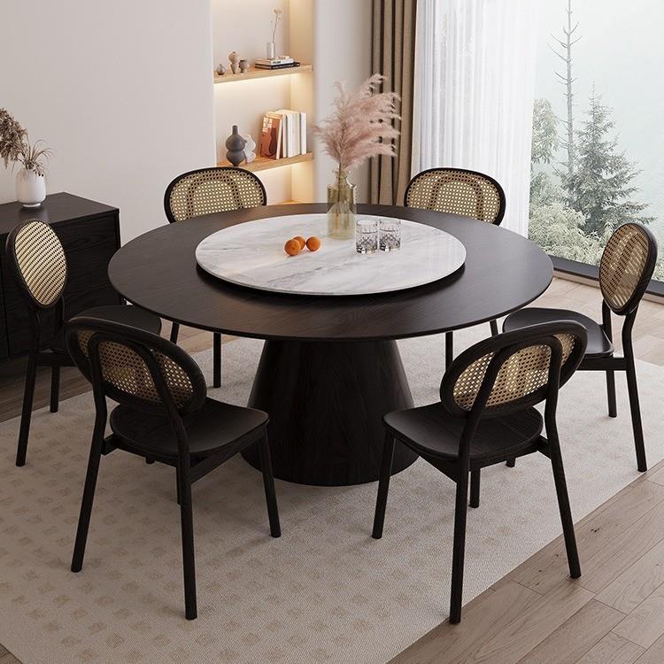 中古风白蜡木餐桌圆桌简约小户型转盘家用饭桌现代岩板餐桌椅组合