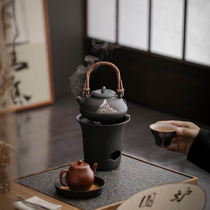 复古黑陶提梁煮茶壶创意酒精炉碳炉电陶炉通用茶壶粗陶泡茶壶围炉