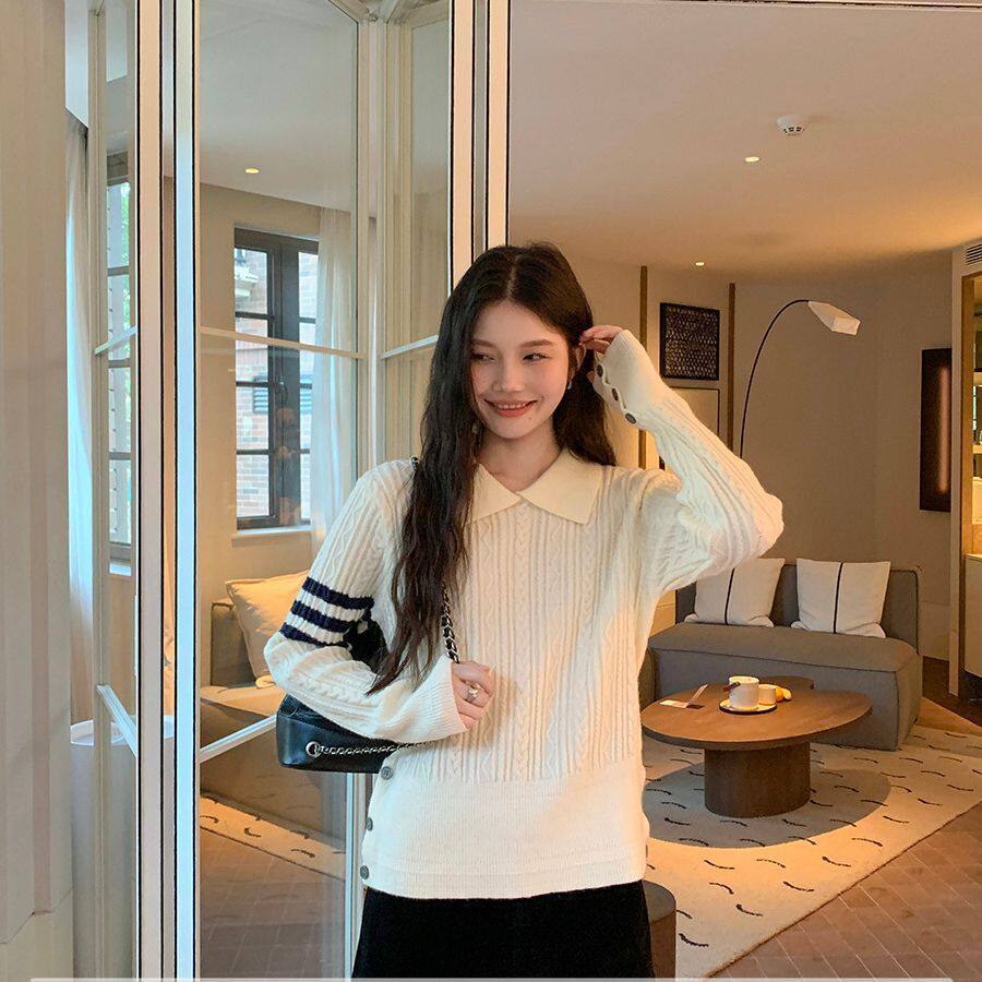 BBT Sweety翻领tb针织衫女上衣2026新款秋季麻花套头学院风毛衣