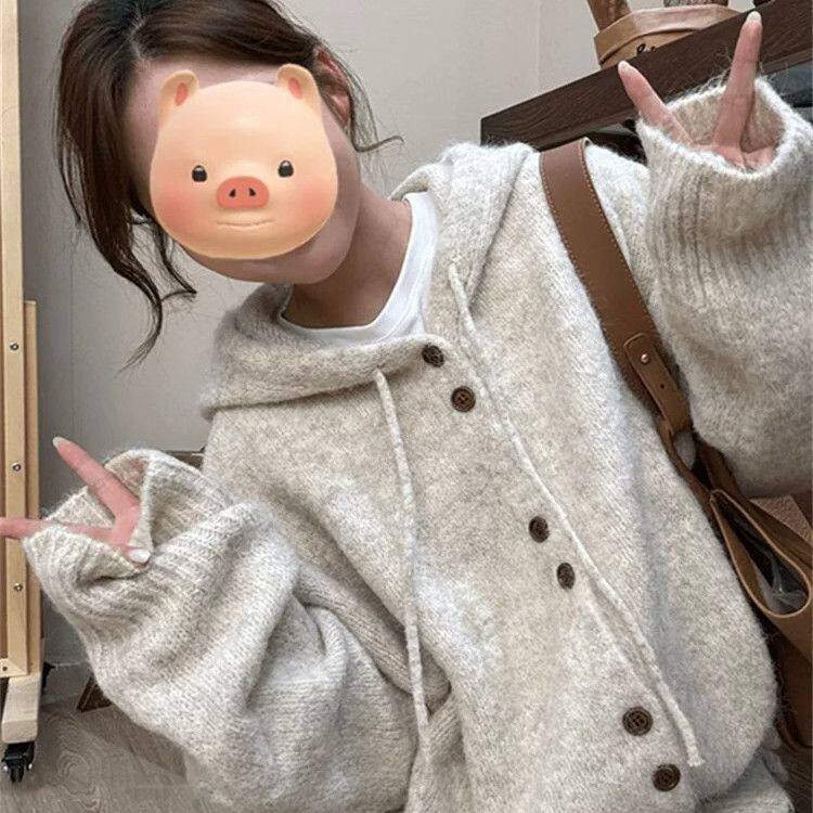 连帽毛衣开衫外套女春秋季加厚韩系穿搭宽松慵懒风针织衫软糯上衣