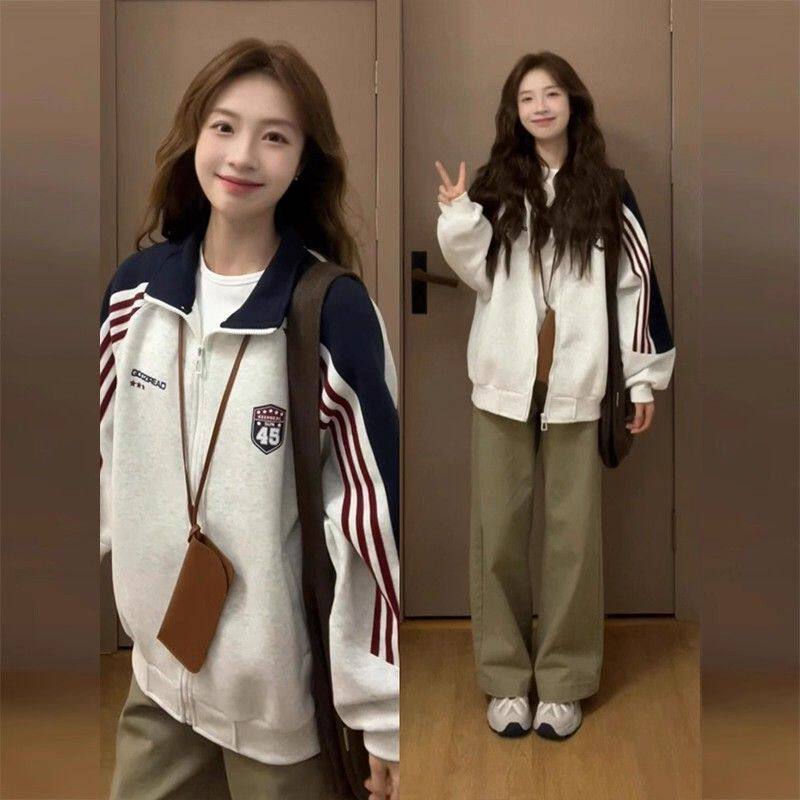 条纹美式复古撞色拉链外套女早春秋薄款宽松慵懒风棒球服开衫卫衣