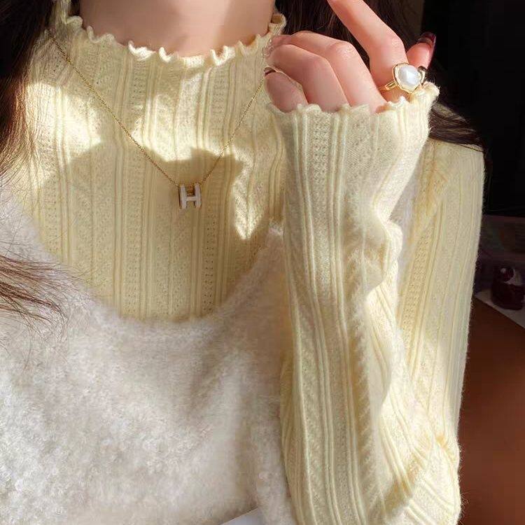 白色打底衫女春秋季内搭2026新款半高领木耳边针织上衣高级感毛衣