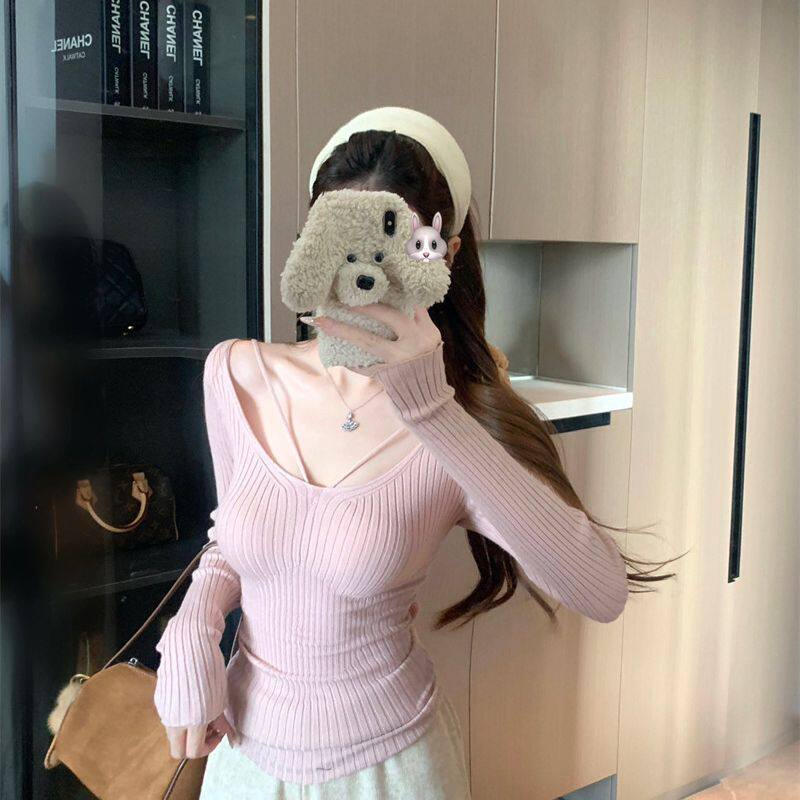 纯欲漂亮早秋粉色低领打底衫女内搭高端小资毛衣修身长袖针织上衣