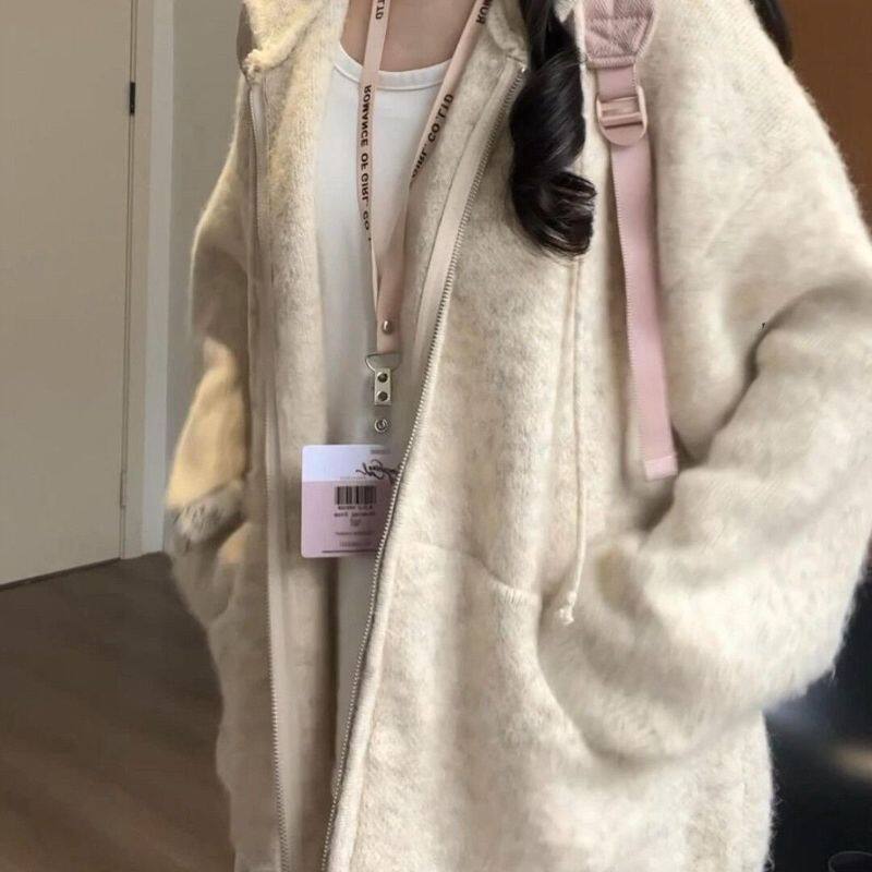慵懒感软糯连帽针织卫衣开衫女秋冬松弛感外搭宽松韩系毛衣外套潮