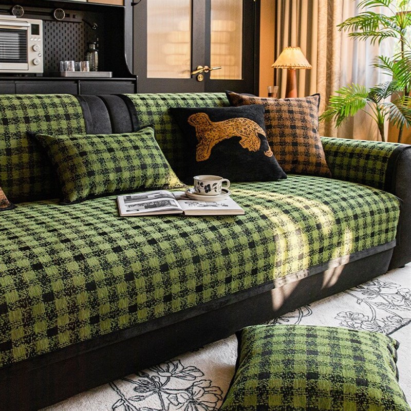 复古格子沙发垫复古英伦格子防滑简约四季通用中古V风坐垫沙发盖