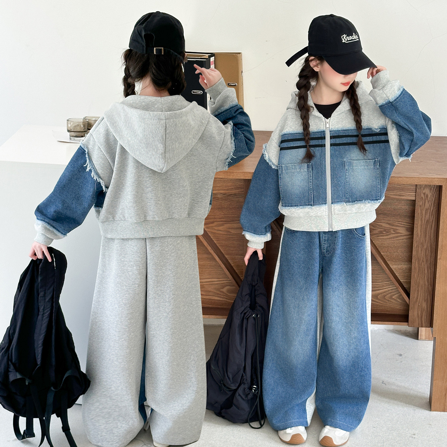 女童春秋韩版休闲外套两件套中大童洋气时髦牛仔针织拼接连帽套装