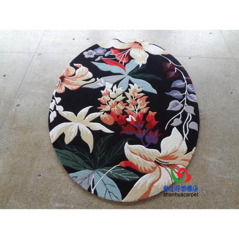 新西兰进口羊毛黑色抽象植物花卉椭圆形客厅茶几地毯餐厅卧室玄关