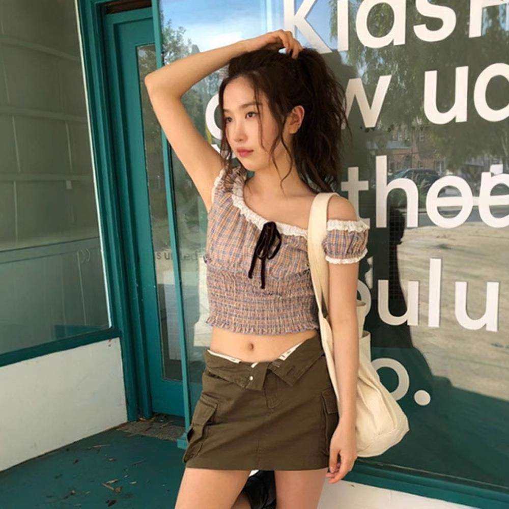 现货 撞色木耳边格纹背心女2025夏季韩东大门露脐吊带the barnn*t