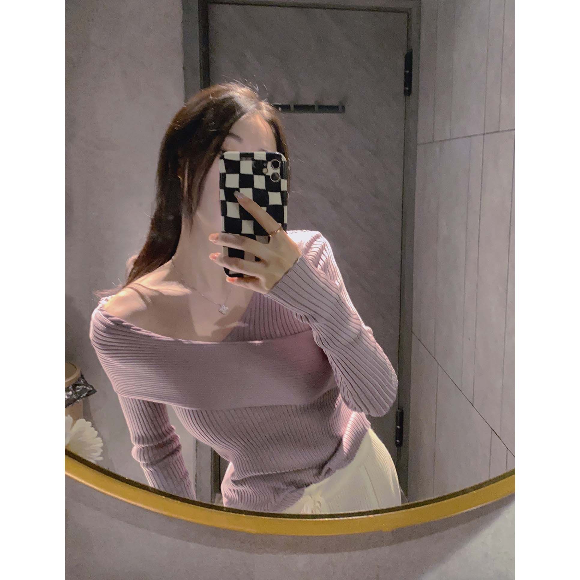 温柔交叉设计V领修身针织衫女秋紫色套头打底衫设计感坑条纹上衣