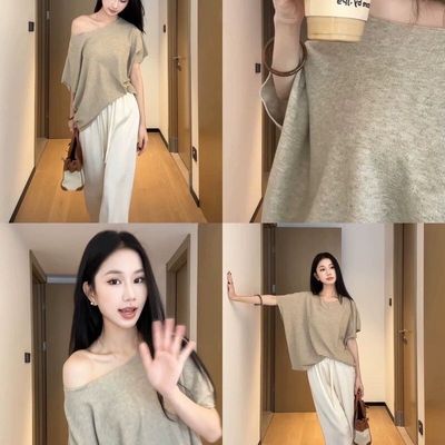 慵懒风不规则短袖针织衫女