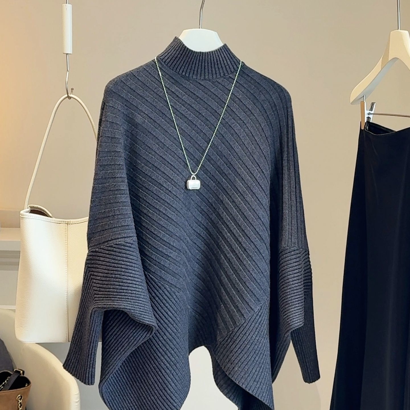 小众设计感慵懒风蝙蝠袖斗篷式高领毛衣女套头针织衫百搭保暖上衣