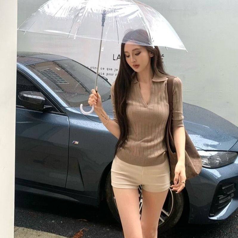 法式老钱风翻领V领针织衫中袖T恤女夏季修身短袖polo衫百搭上衣潮