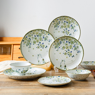 千代源日本进口花见猫陶瓷釉下彩饭碗盘子可爱猫咪家用餐具套装