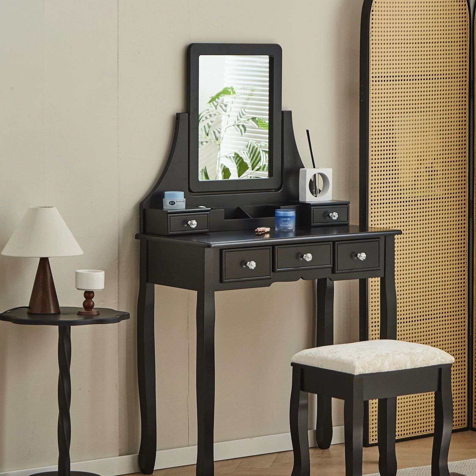 黑色中古风法式复古实木梳妆台带凳子深色梳妆台凳子卧室一体
