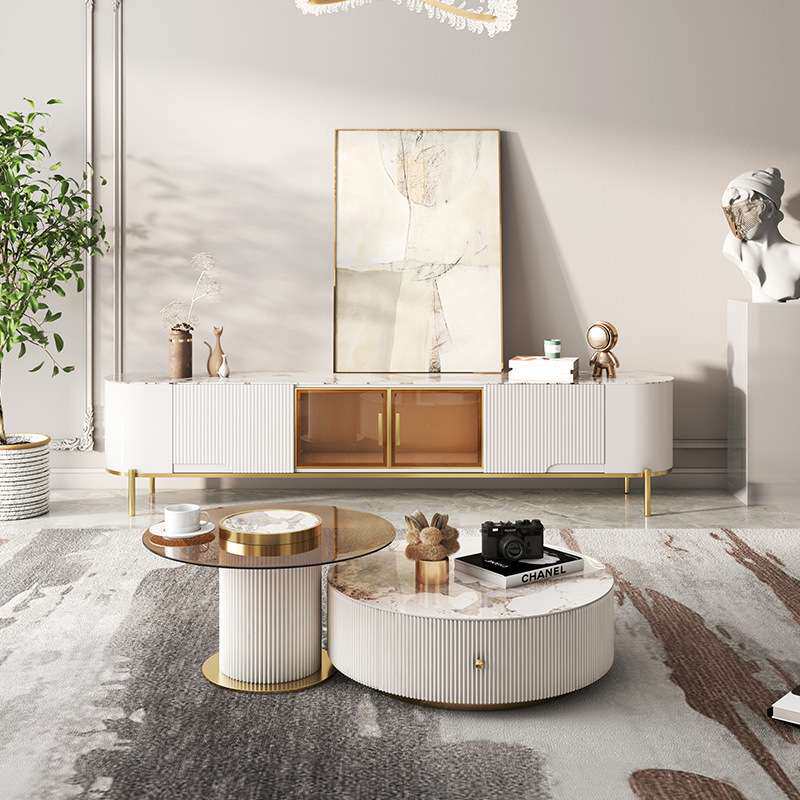 现代轻奢岩板电视柜玻璃茶几组合简约高端家用客厅小户型储物地柜