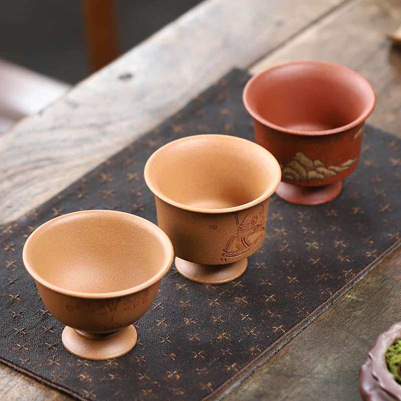 宜兴创意紫砂杯品茗杯手工刻绘高足杯高脚杯仿生主人杯茶具茶玩