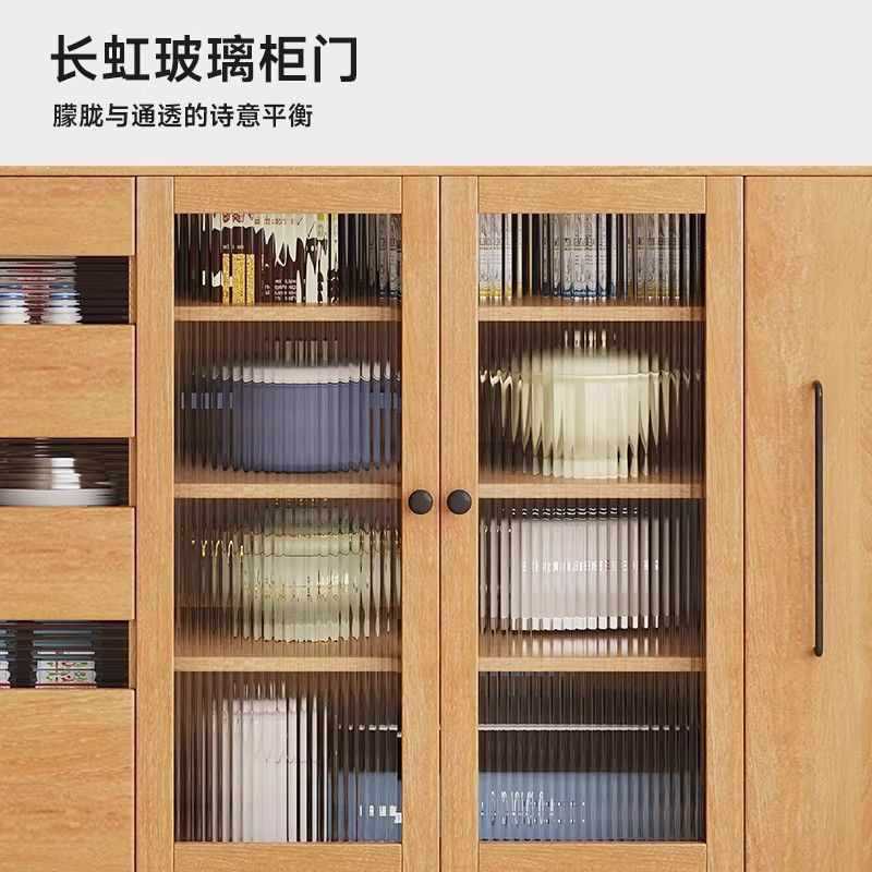落地岩板橡木定 制茶水柜小户型餐边柜圆弧实木橱柜咖啡柜